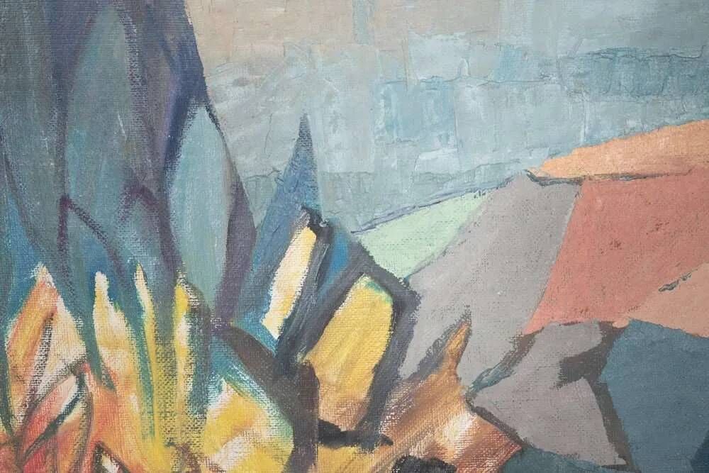 Danish tableau from the 1960s on canvas, colourful art of mountains and valleys.