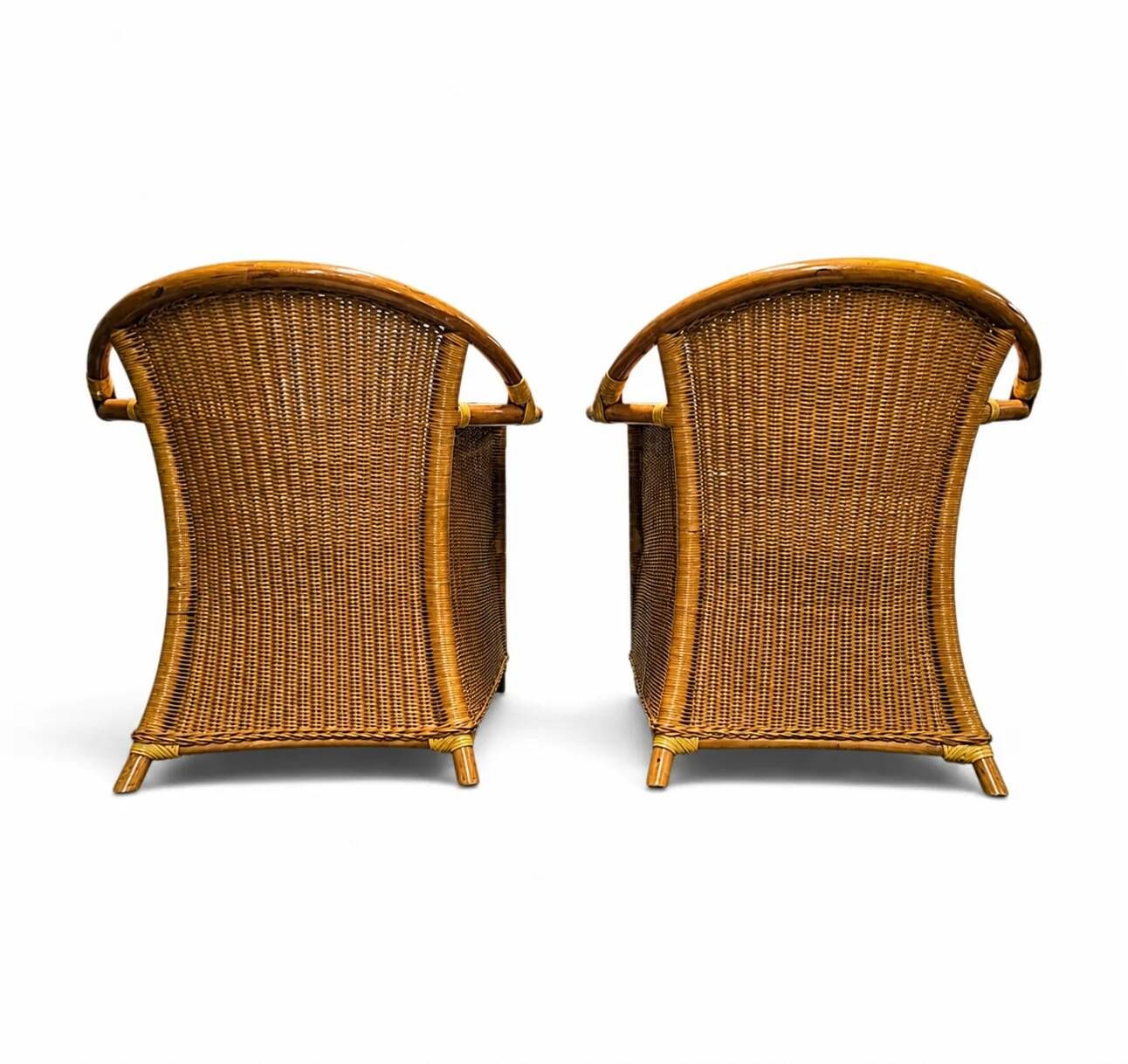 2 x wicker and bamboo patio chair / 1980s / faux suede / alcantara