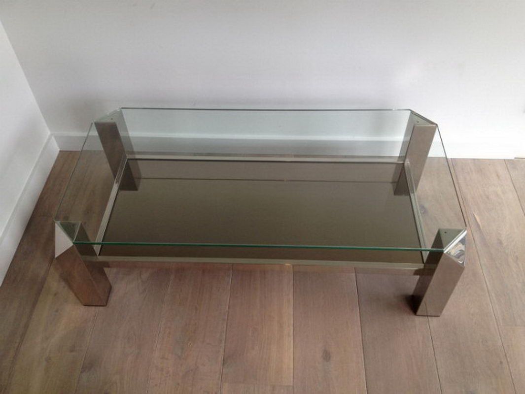 Table basse chromée à plateaux de verre et miroir