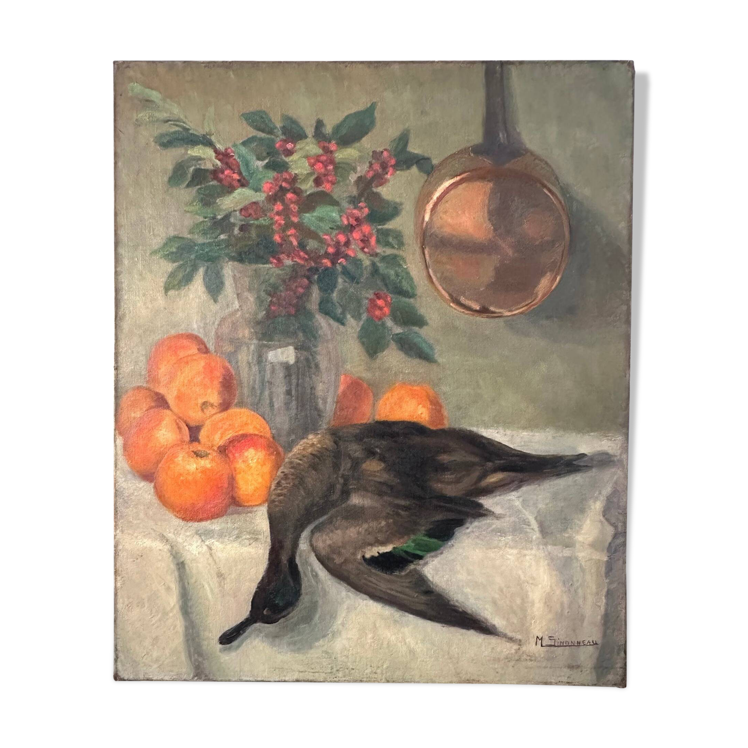 Painting still life orange duck bouquet oil on canvas signed