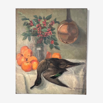 Tableau nature morte orange canard bouquet huile sur toile signée