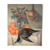 Painting still life orange duck bouquet oil on canvas signed