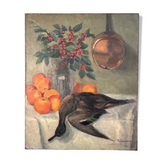 Painting still life orange duck bouquet oil on canvas signed