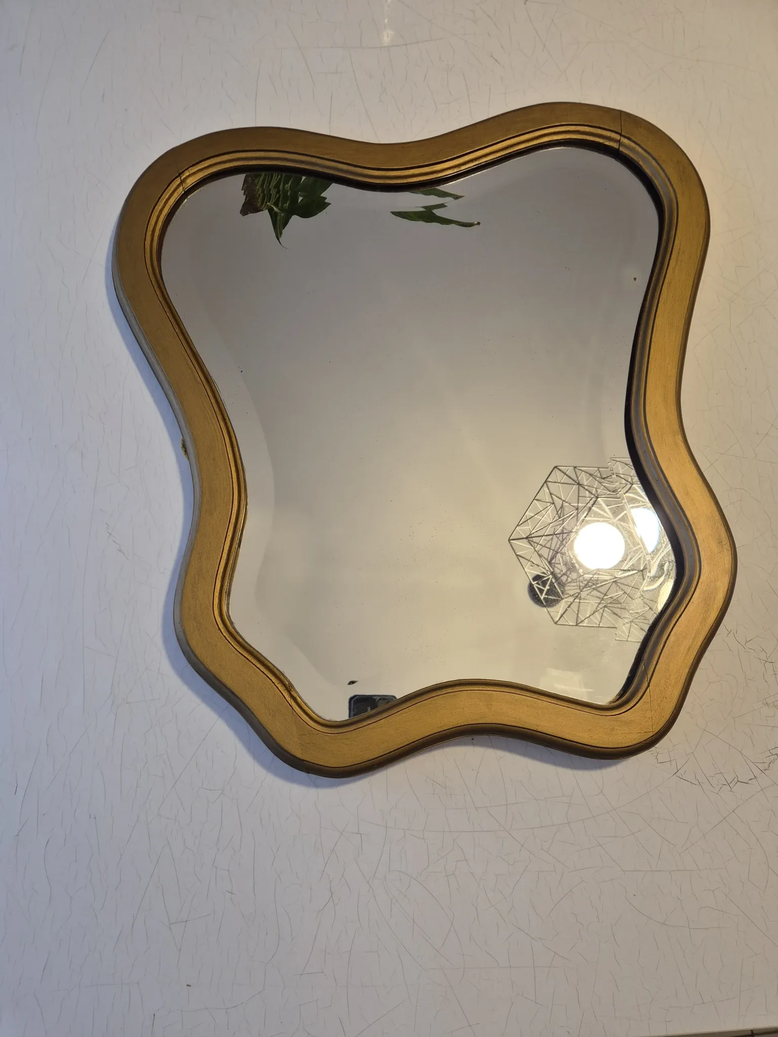Vintage organic bevelled gold wooden mirror, Art Deco period.