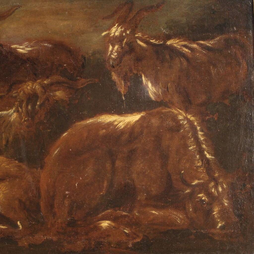 Peinture ancienne paysage avec des chèvres du XVIIe siècle