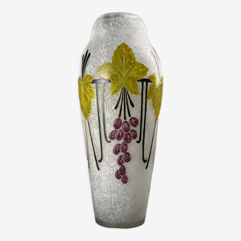 Legras vase in speckled white glass with grape decoration