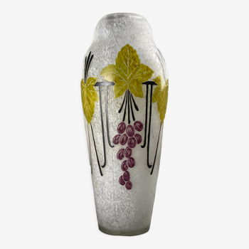 Vase Legras en verre blanc moucheté décor aux raisins