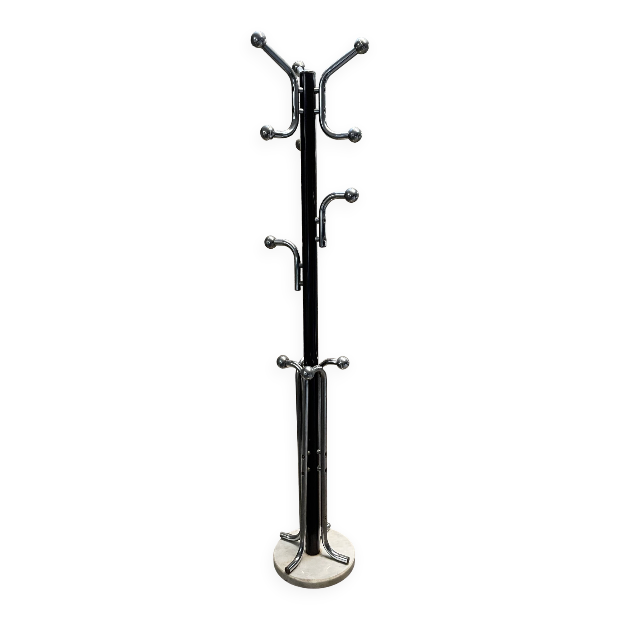 1970s coat rack with a marble base and chrome arms.