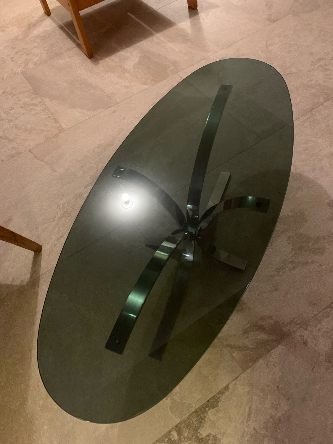 Oval coffee table design Circa glass and chrome 1970s