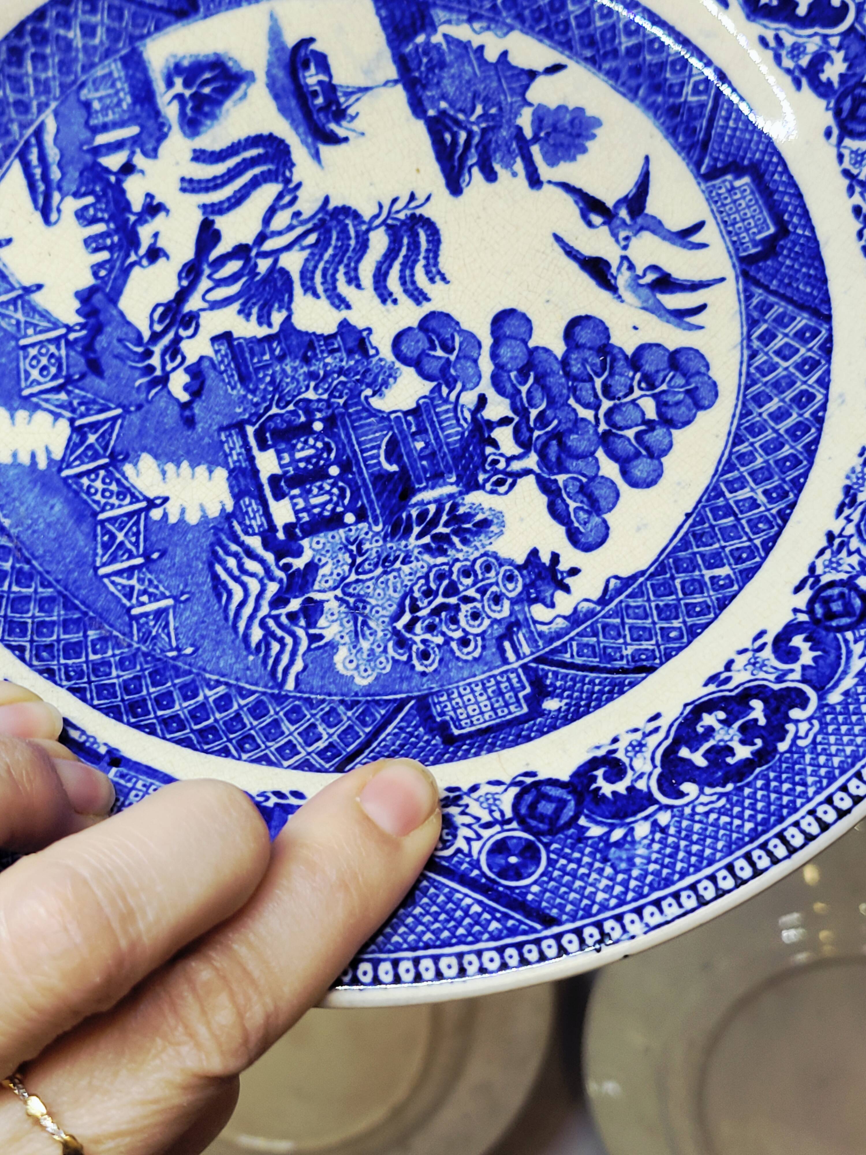 9 Antique Plates 19th Century Blue Willow Pattern Chinese Blue Decor