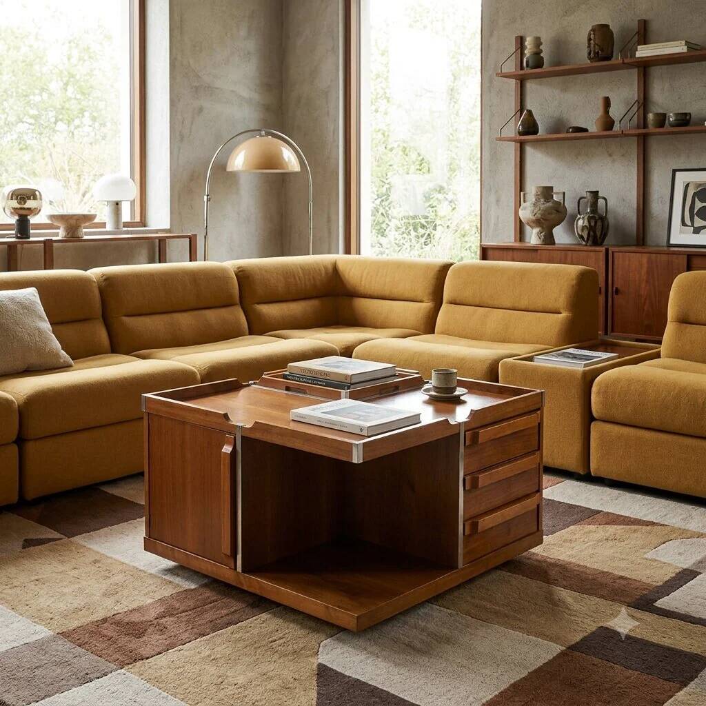 Vintage coffee table in Tanganyika walnut, Italian design, 1970s.