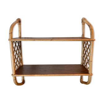 Wall shelf in rattan and vintage wood 60s 2 levels