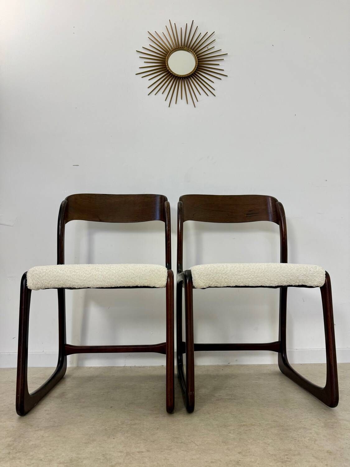 Set of 2 Baumann sled chairs in wood and terry fabric, 60s design