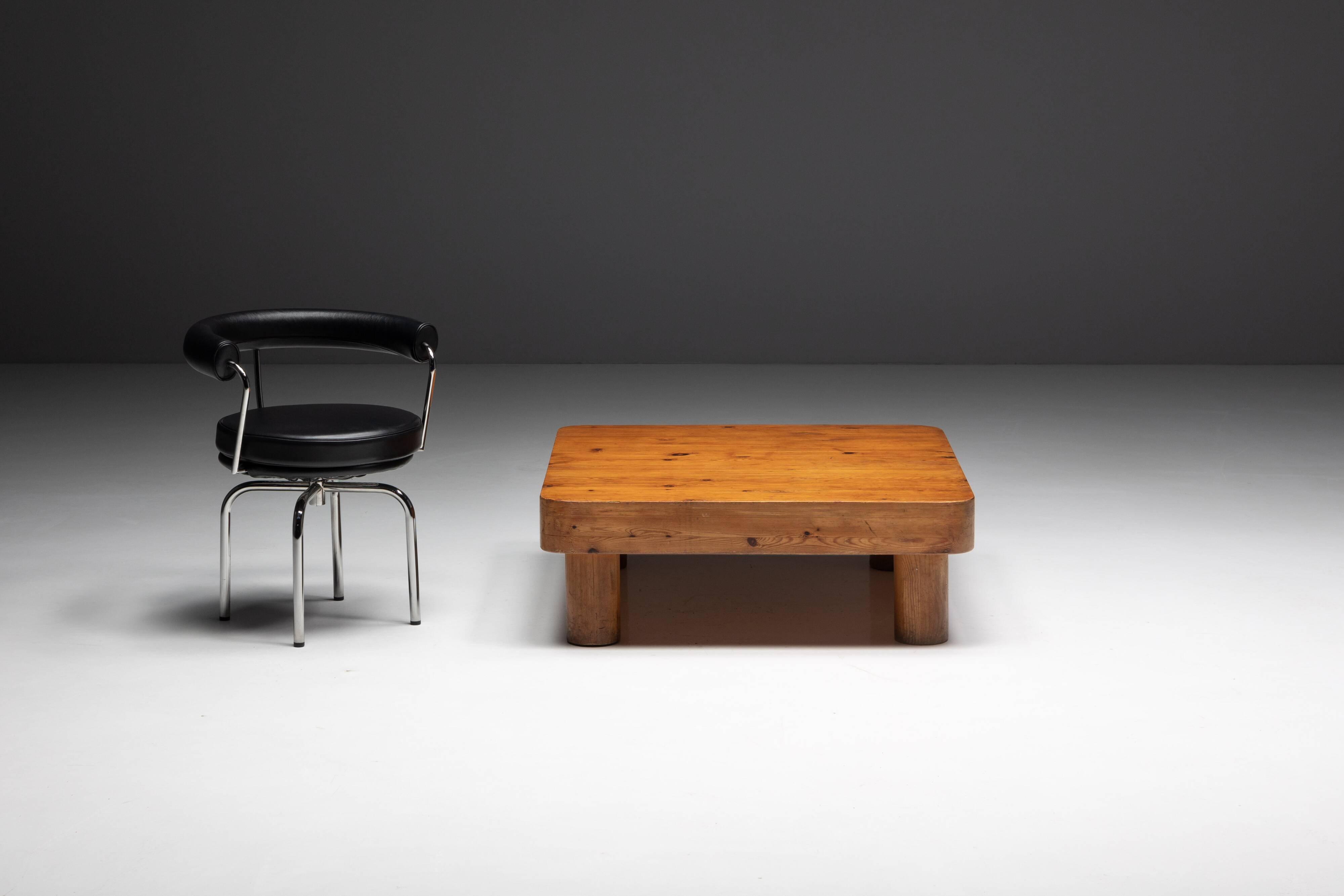 Brutalist pine low coffee table, France, 1960s