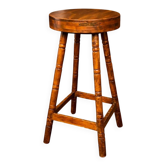 Ancien tabouret haut en bois massif – fabrication artisanale
