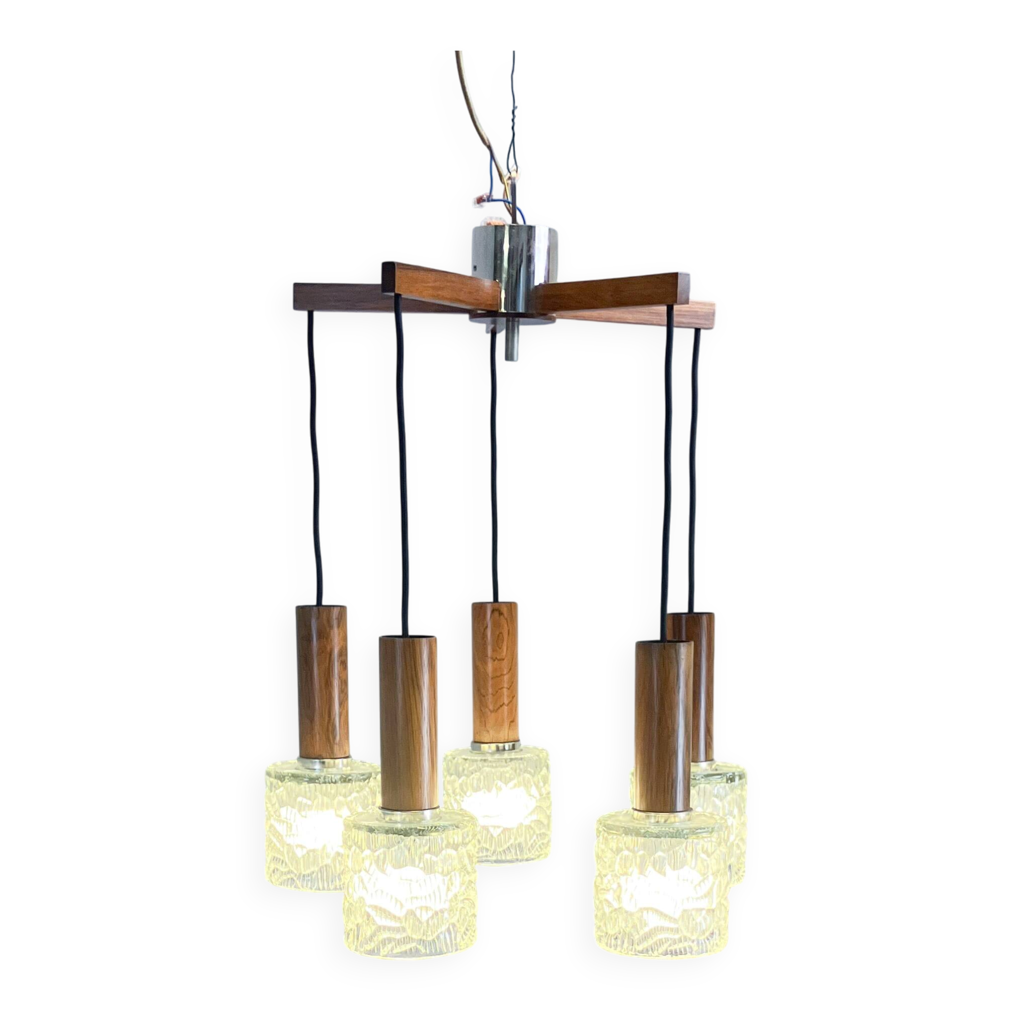 5-bulb cascade lamp, rosewood, chrome and textured glass shades, 1960s