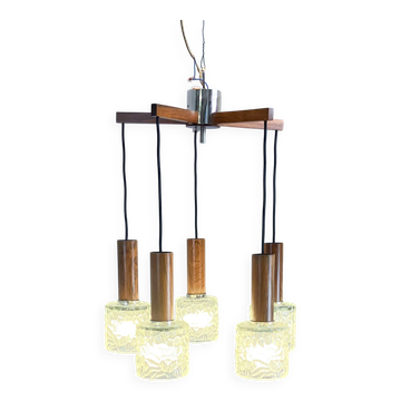5-bulb cascade lamp, rosewood, chrome and textured glass shades, 1960s