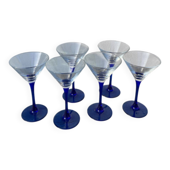 6 blue glass cocktail glasses, 1980