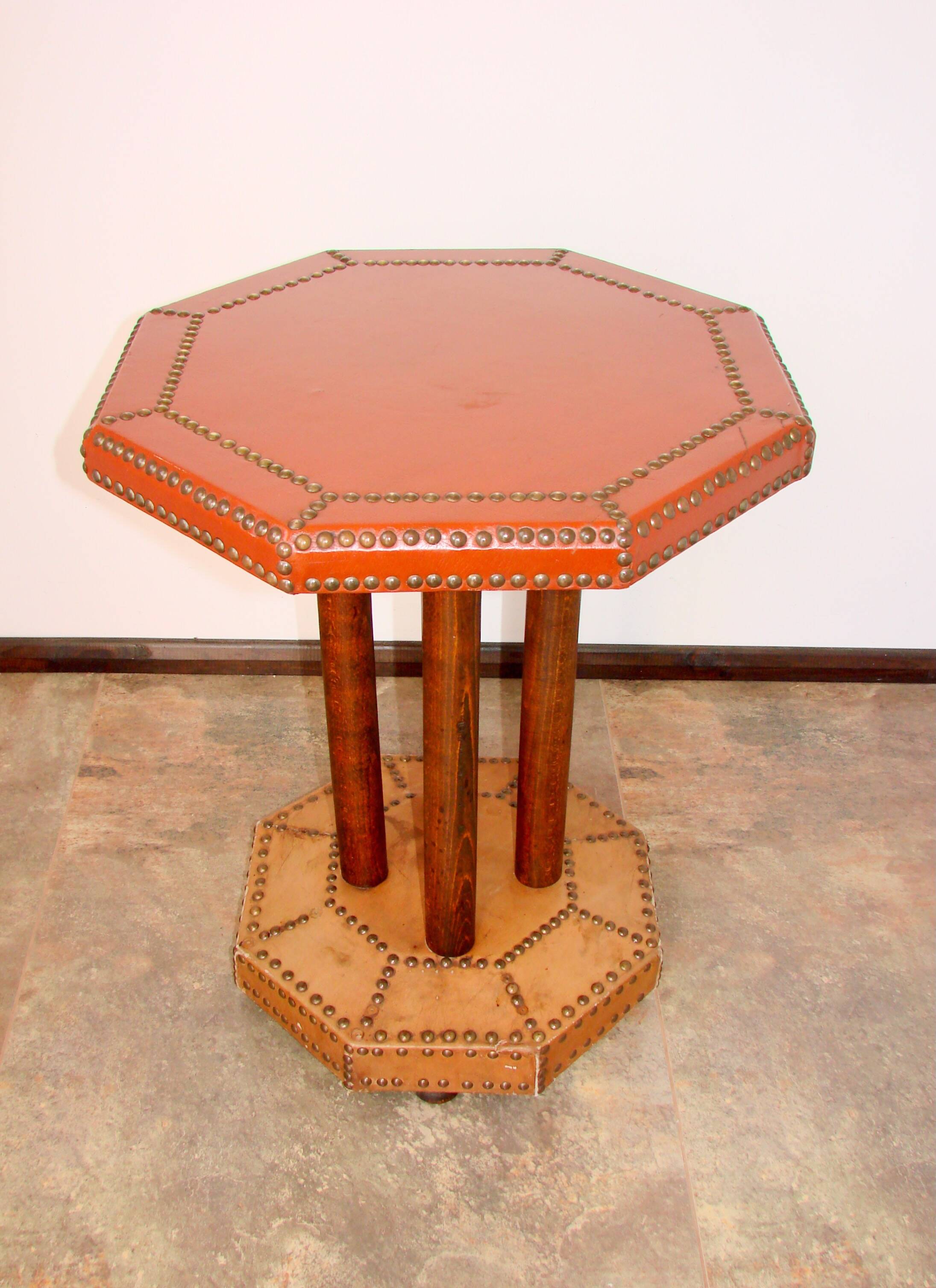Coffee table, 1920s, beech wood and leather, vintage