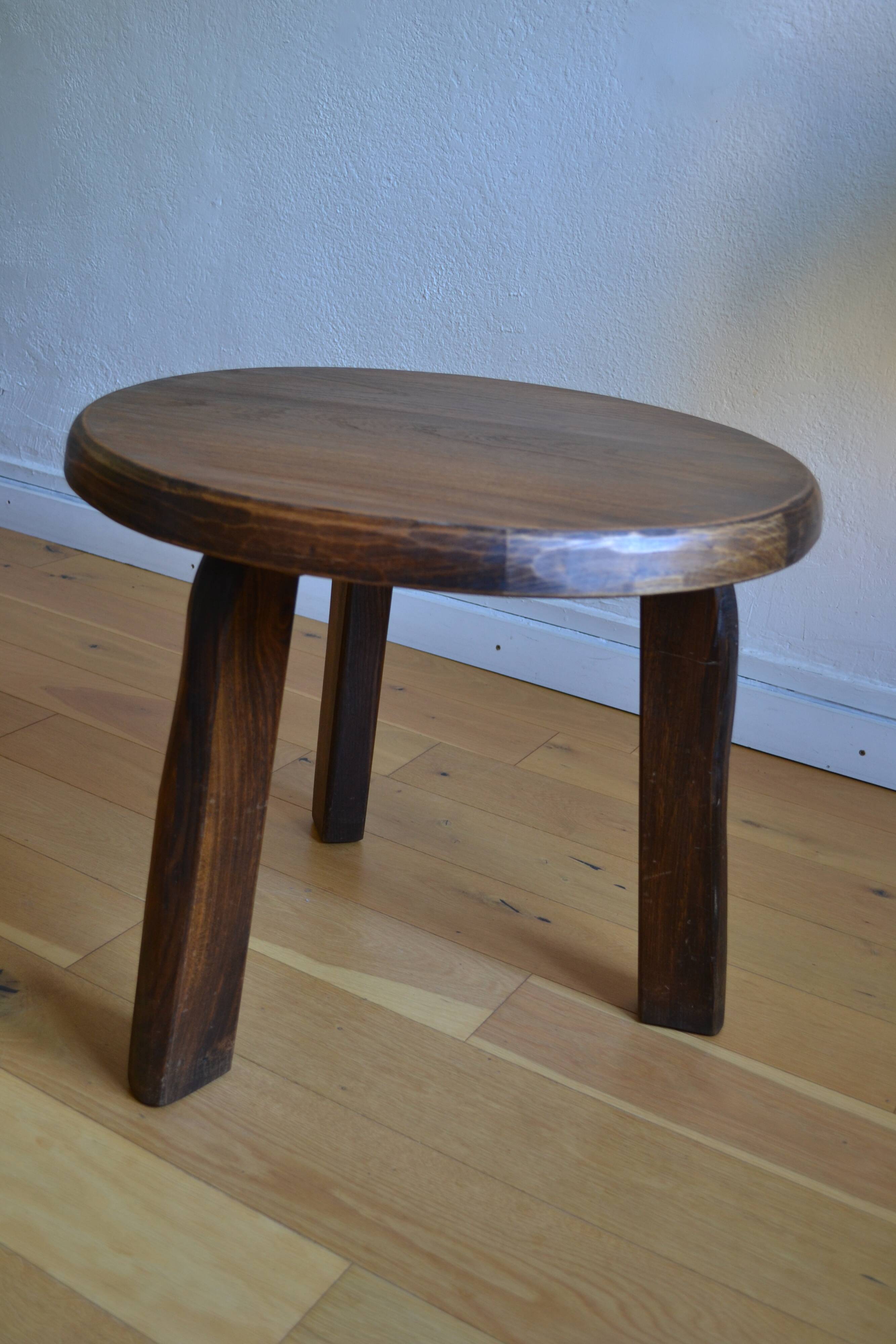 Brutalist tripod coffee table in solid oak, 1960s