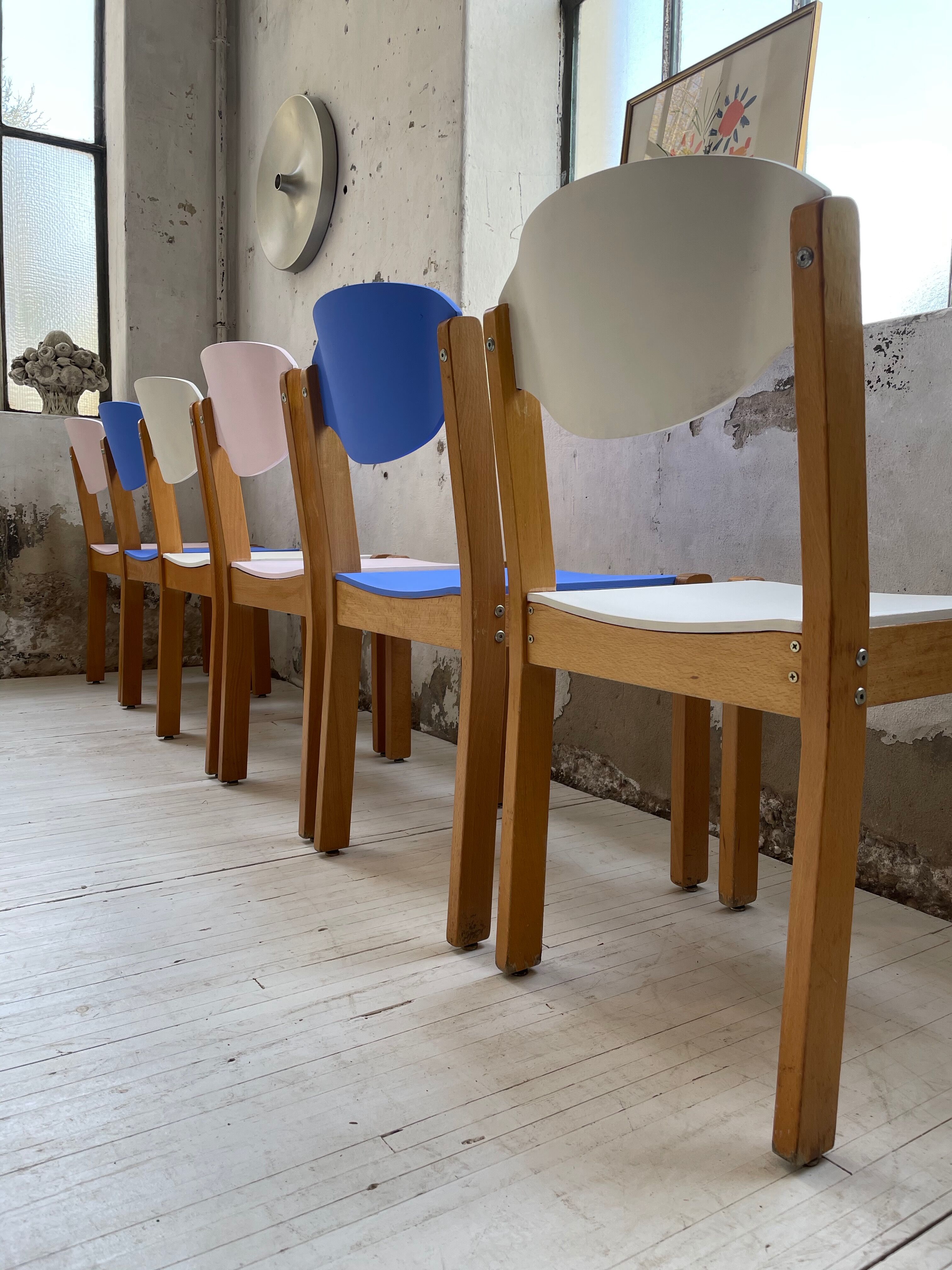 6 colorful 80s beech chairs