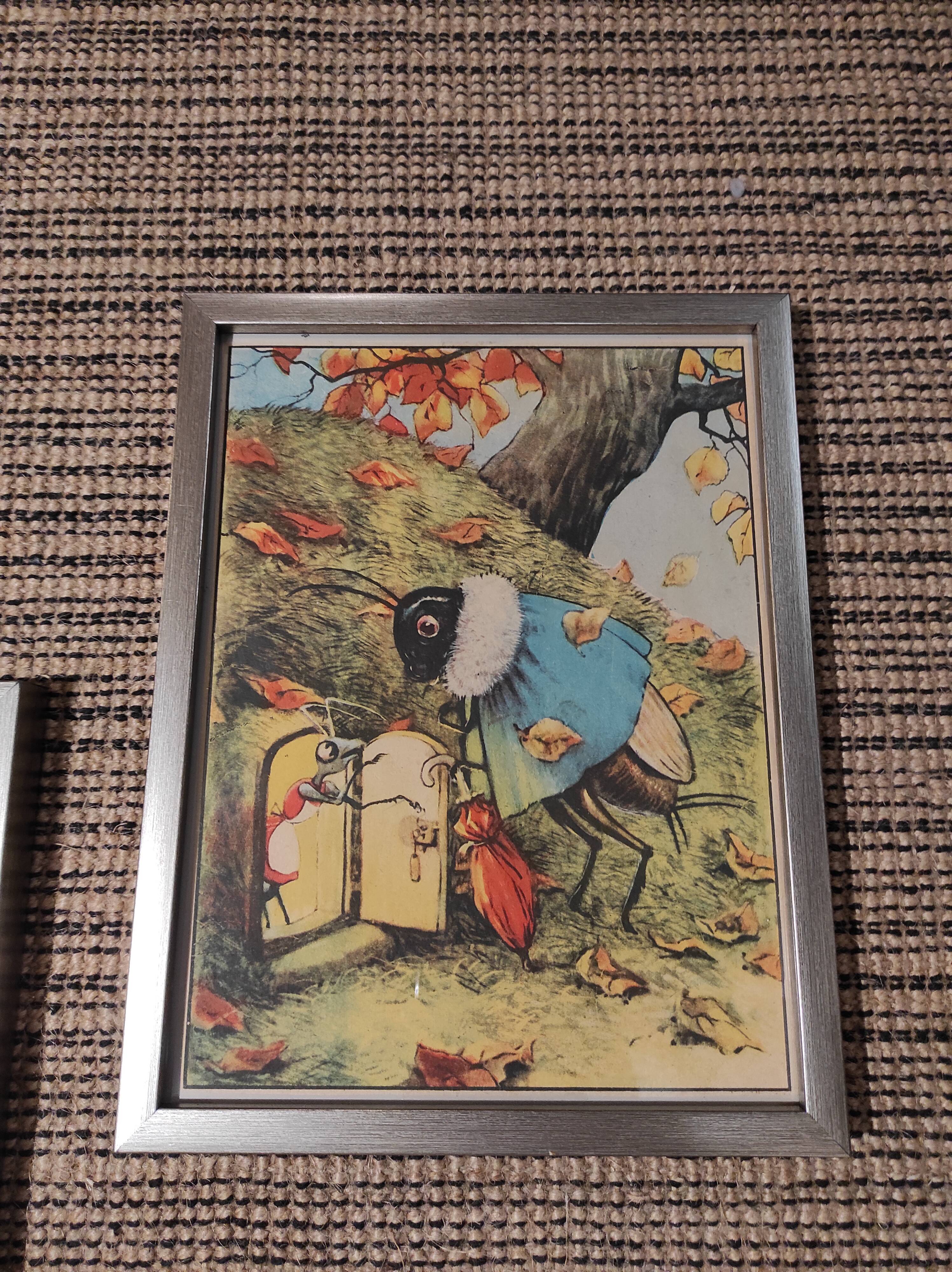 Set of 5 illustrations framed in glass the Fables of La Fontaine