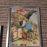 Set of 5 illustrations framed in glass the Fables of La Fontaine