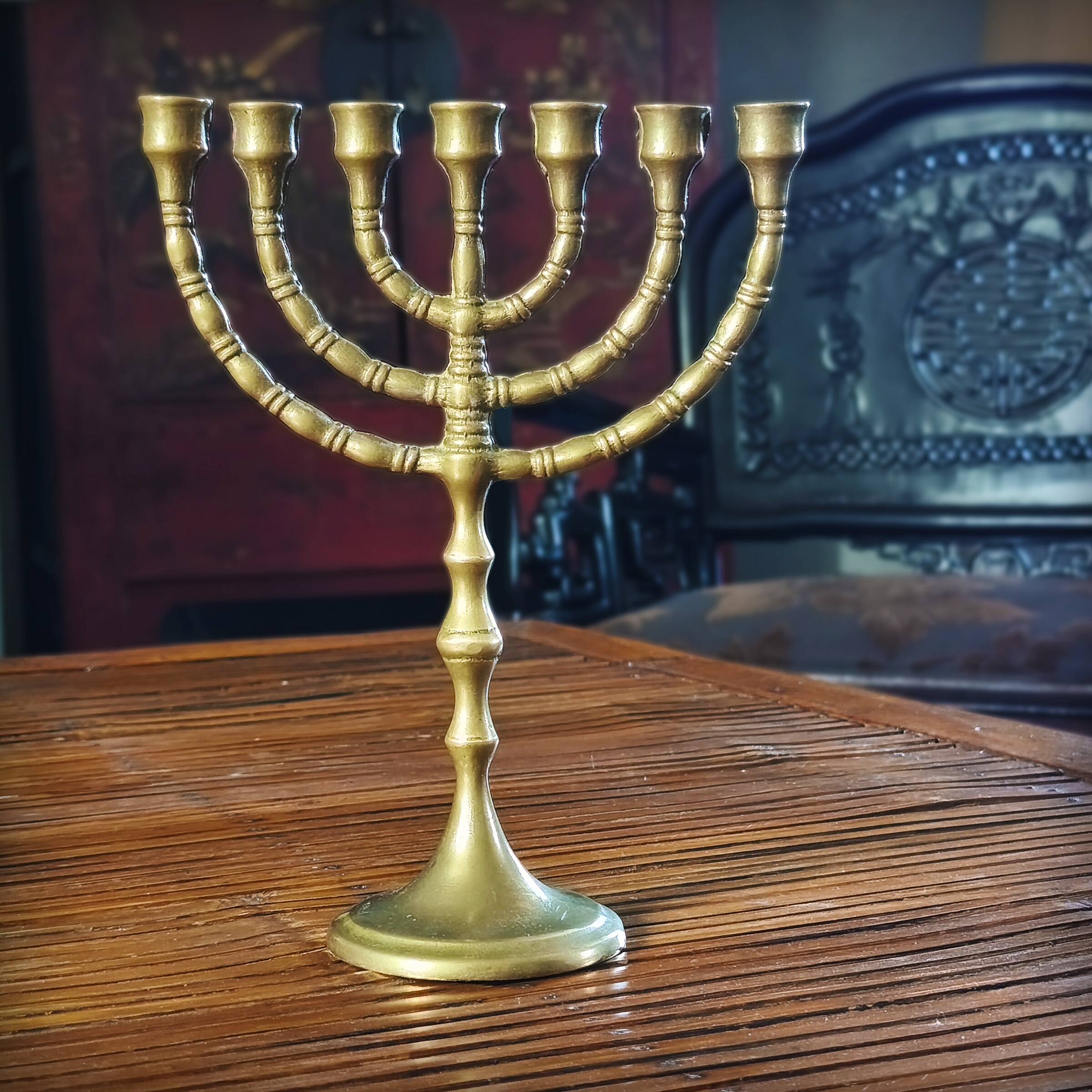 Bronze menorah, 7-branched chandelier, Israel, 1960s