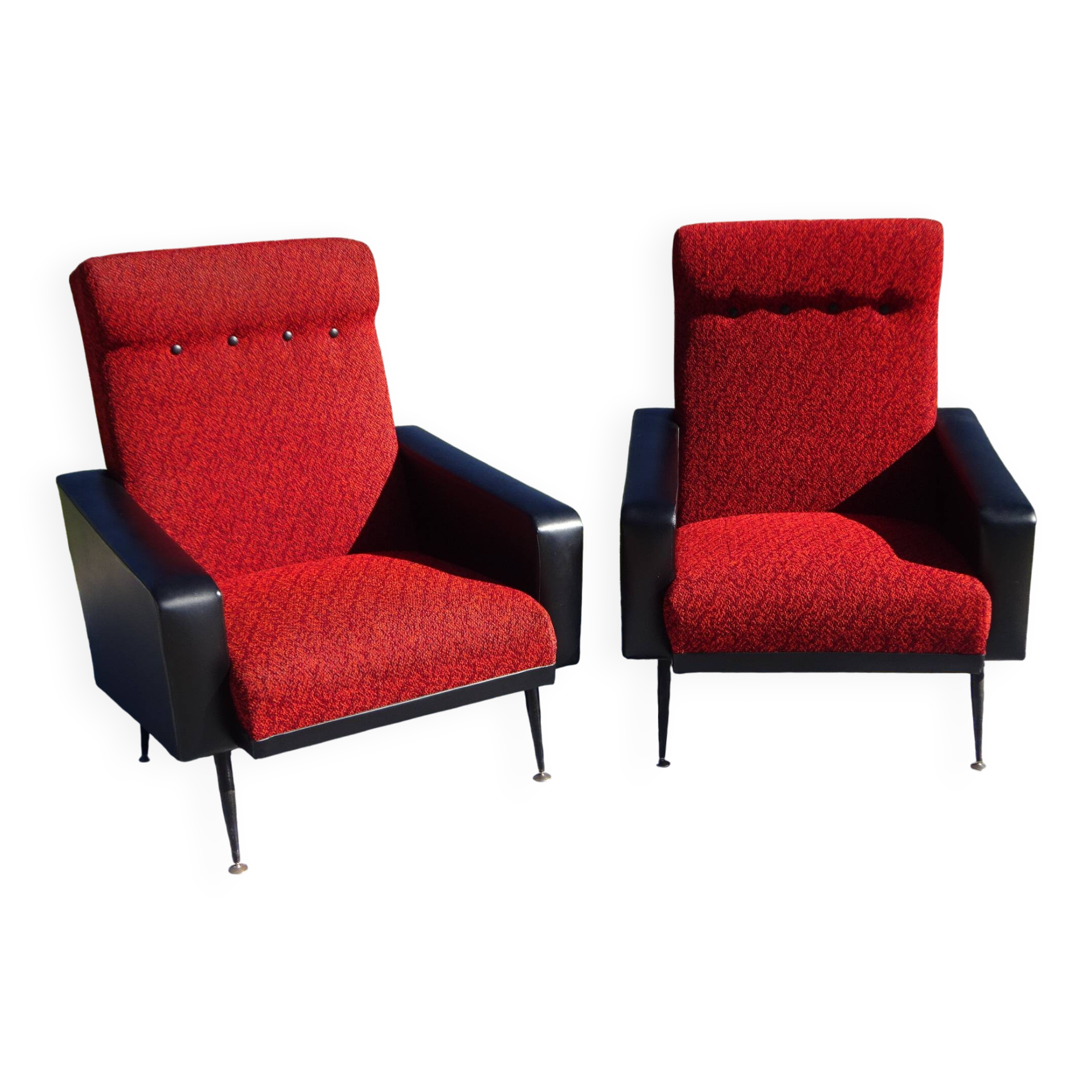 Vintage armchairs in red and black faux leather, the pair.