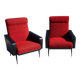 Vintage armchairs in red and black faux leather, the pair.