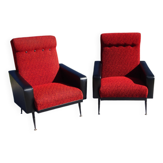 Vintage armchairs in red and black faux leather, the pair.