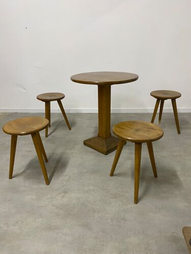 Ensemble table et 4 tabourets bois bistrot des années 50