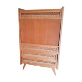 Secrétaire vintage bois et rotin, pieds compas, années 60