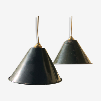 Pair of green and white enamelled conical hanging lamps