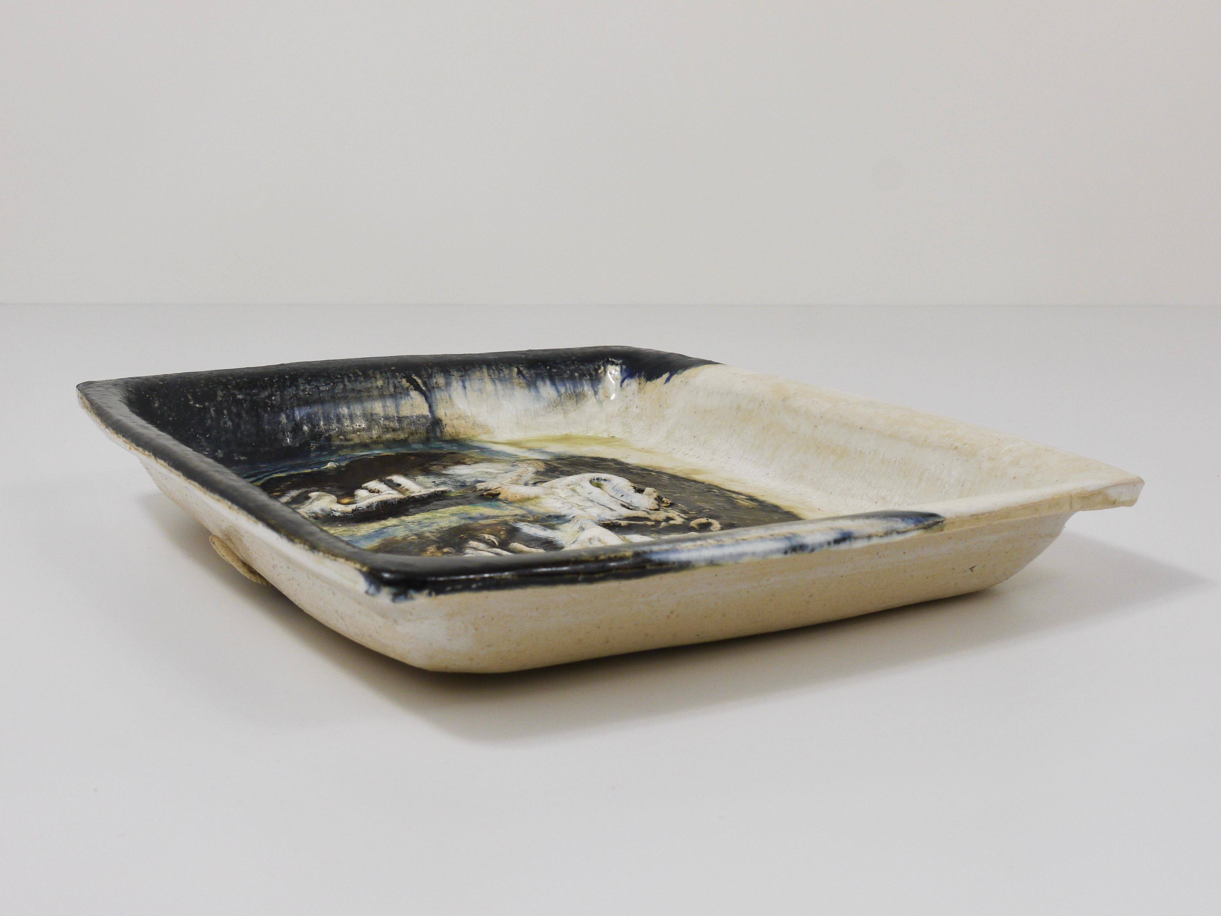 Two large abstract stoneware bowls/plates by Jeppe Hagedorn-Olsen, Denmark, 1970s.