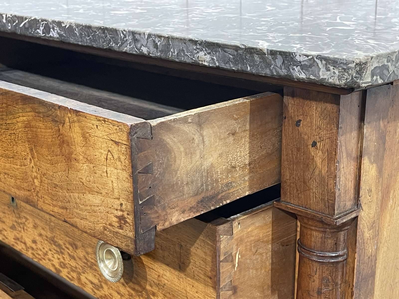 19th-century Empire commode in walnut with a grey St Anne marble top.