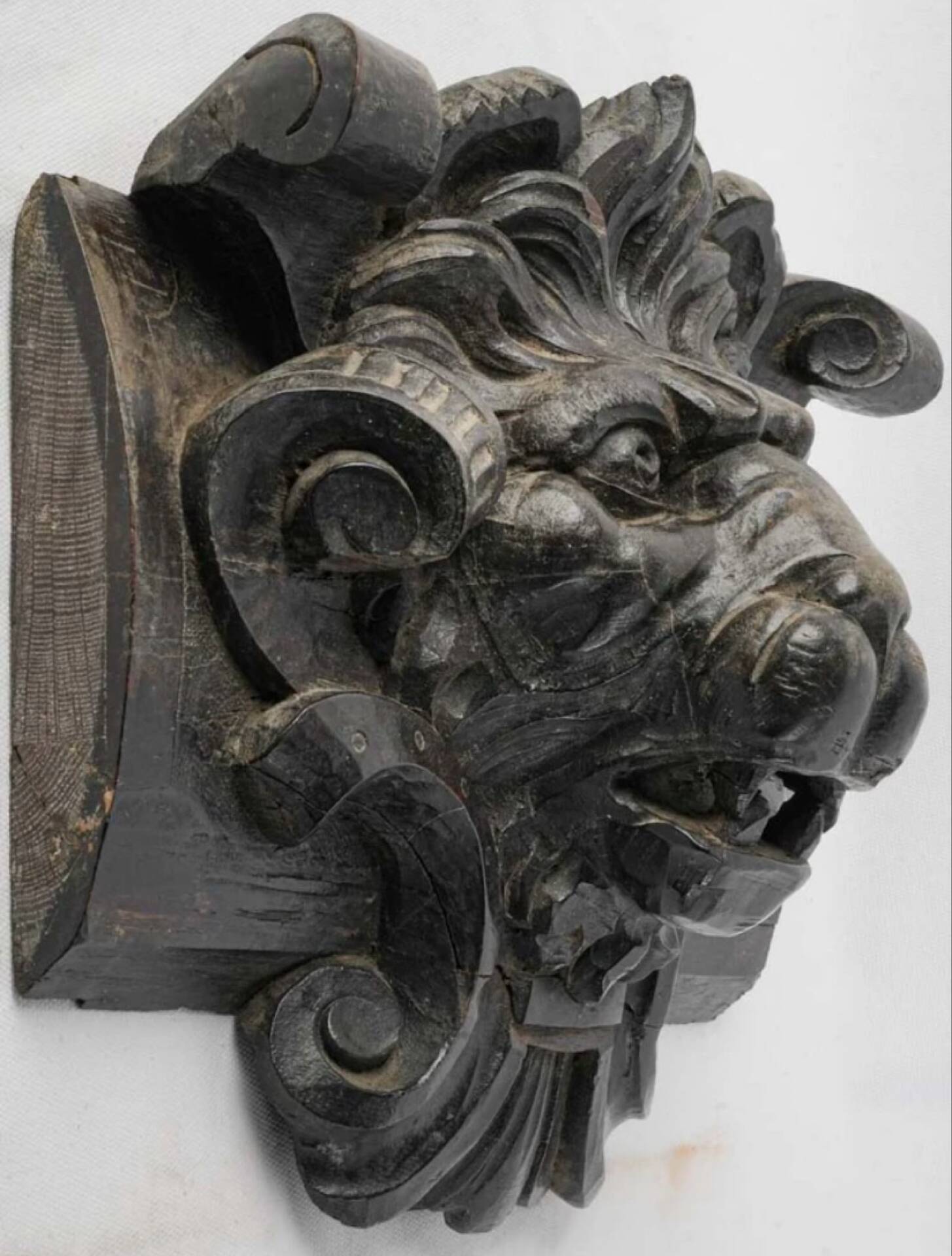 Sculpture de tête de lion en bois teinté