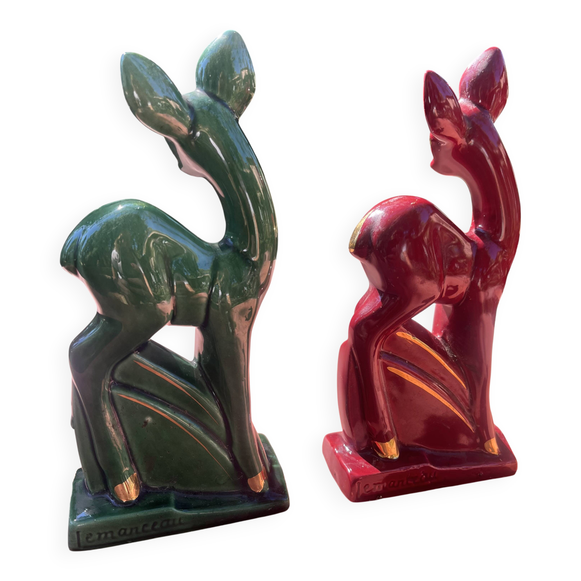 Pair of Art Deco deer by Charles Lemanceau in red and green ceramic.