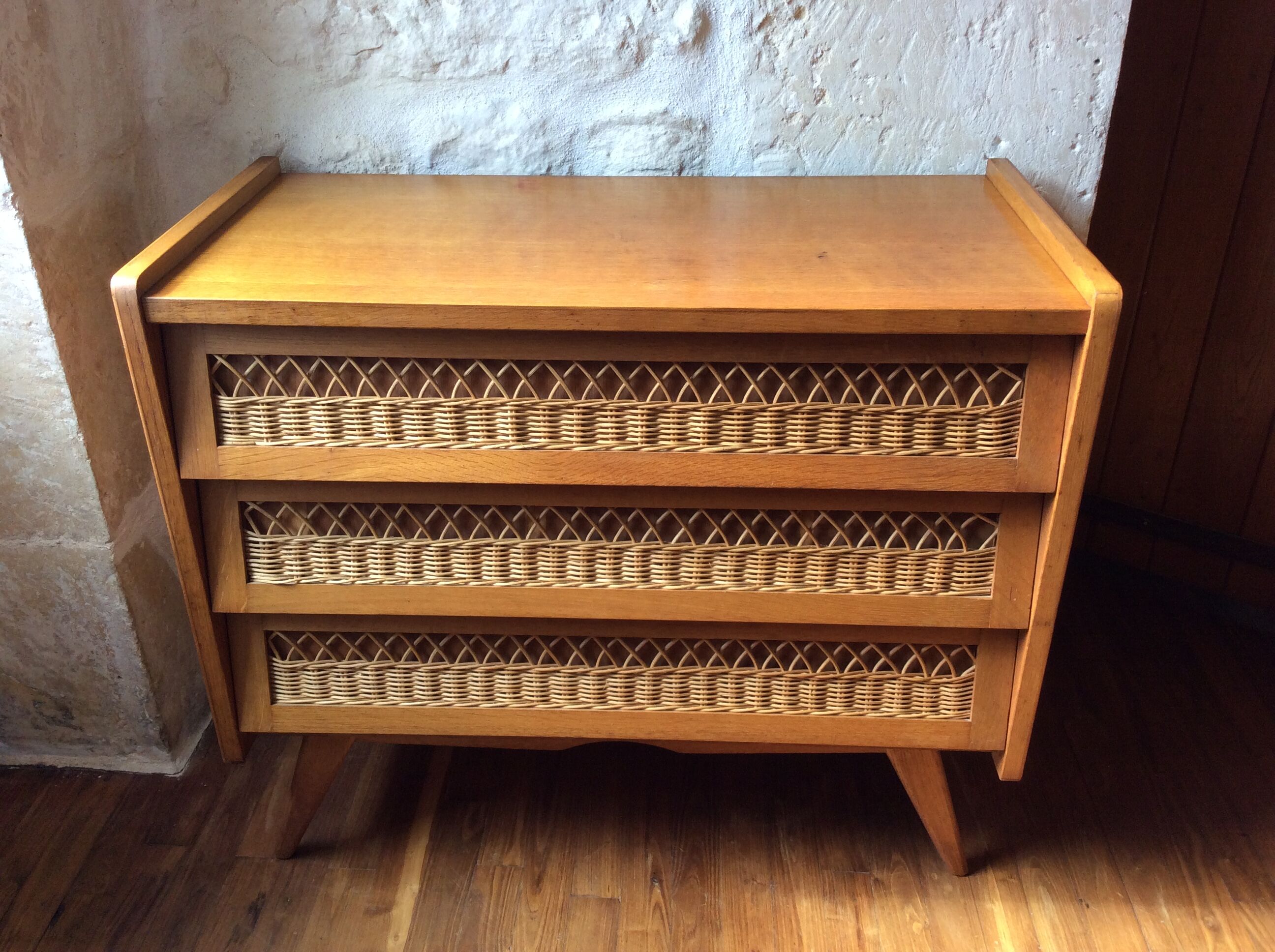 Chest of drawer vintage 50's wood and rattan