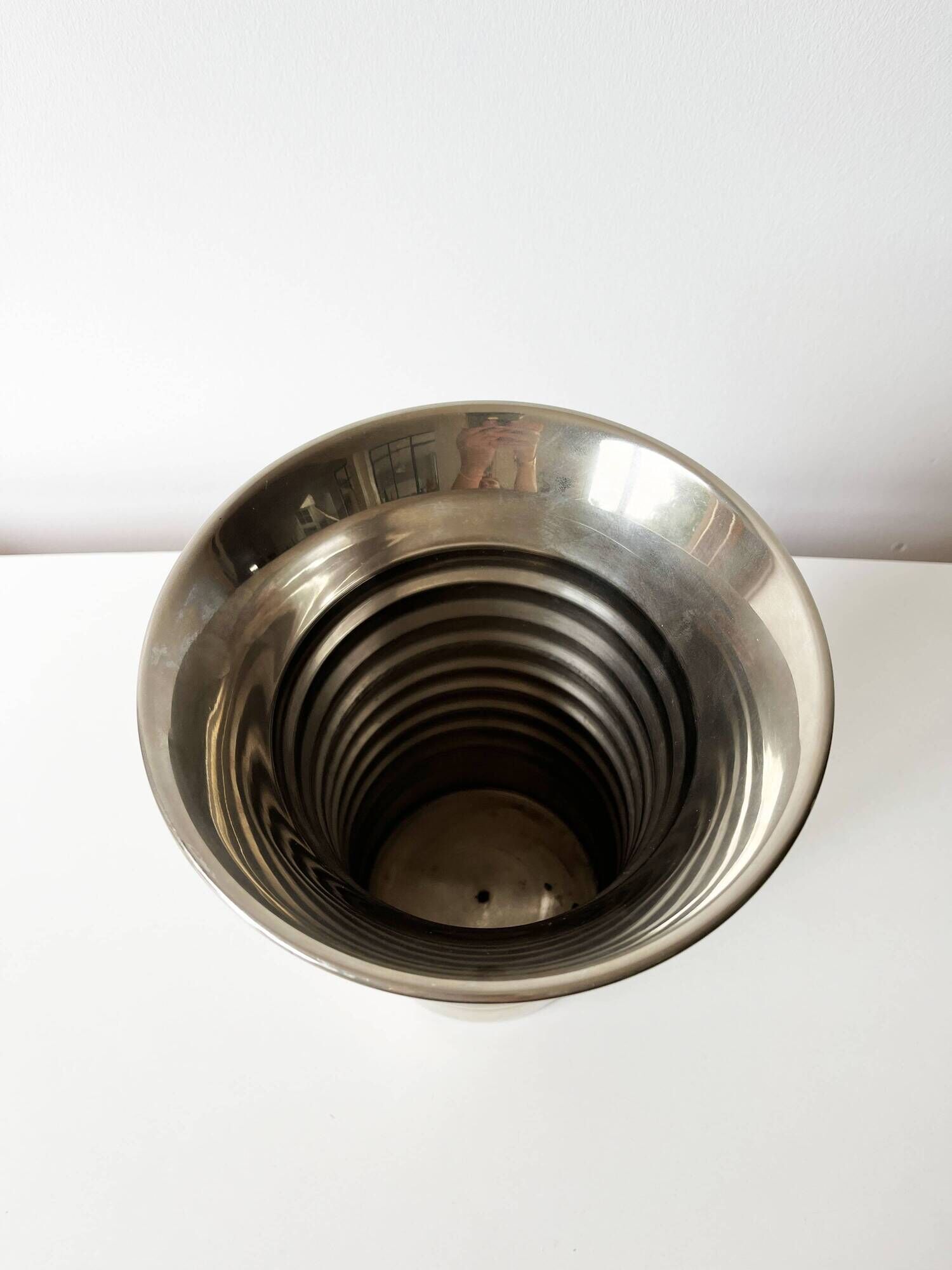 Vintage modernist striped polished aluminium vase