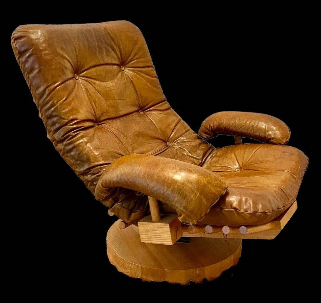 Brutalist koala leather and solid elm lounge chair by of blaha circa 1960