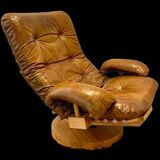 Brutalist koala leather and solid elm lounge chair by of blaha circa 1960