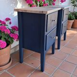 Tables de chevet MCM vintage – Bleu foncé, tiroirs et poignées laiton