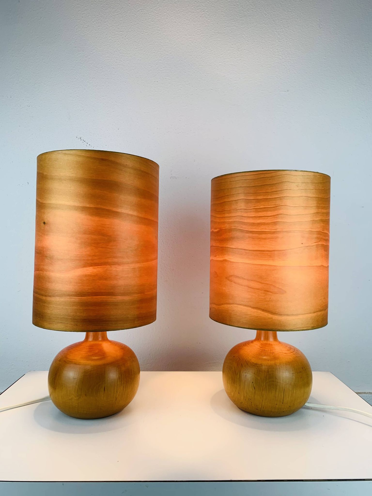 Pair of wooden ball lamps in Scandinavian style, 1960s.