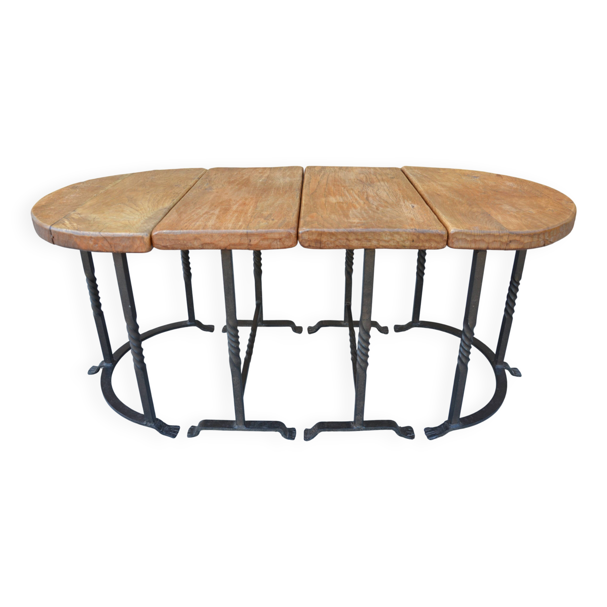 Unusual modular coffee table in oak and wrought iron.