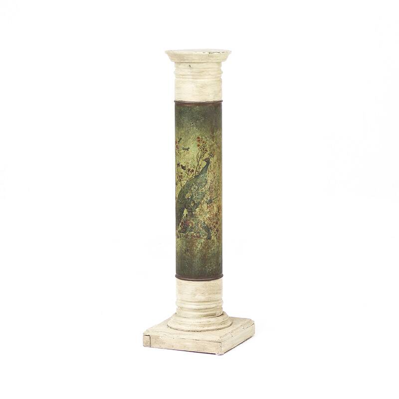 Antique Weathered Folk Art Painted Pedestal with Peacock