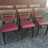 Lot de 6 chaises bistrot TON en bois courbé et assises en skaï rouge vintage.