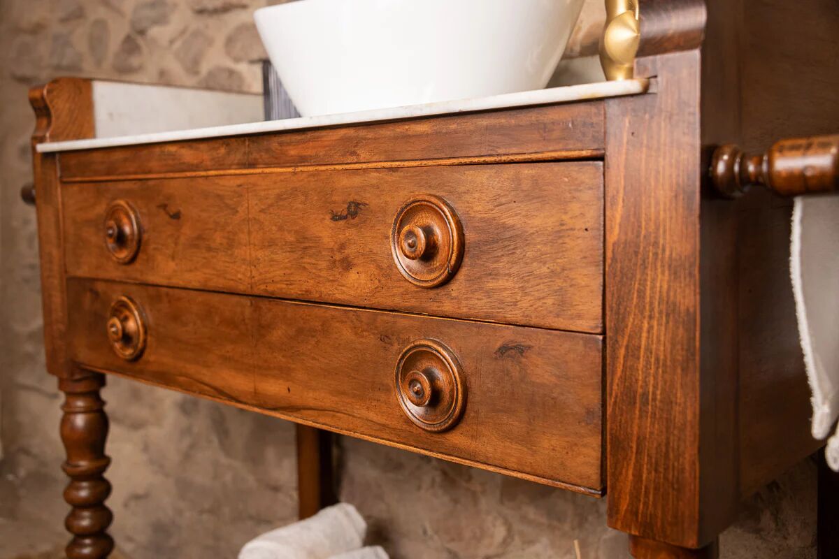 Marble and wood washbasin cabinet in Louis-Philippe style with double drawer.