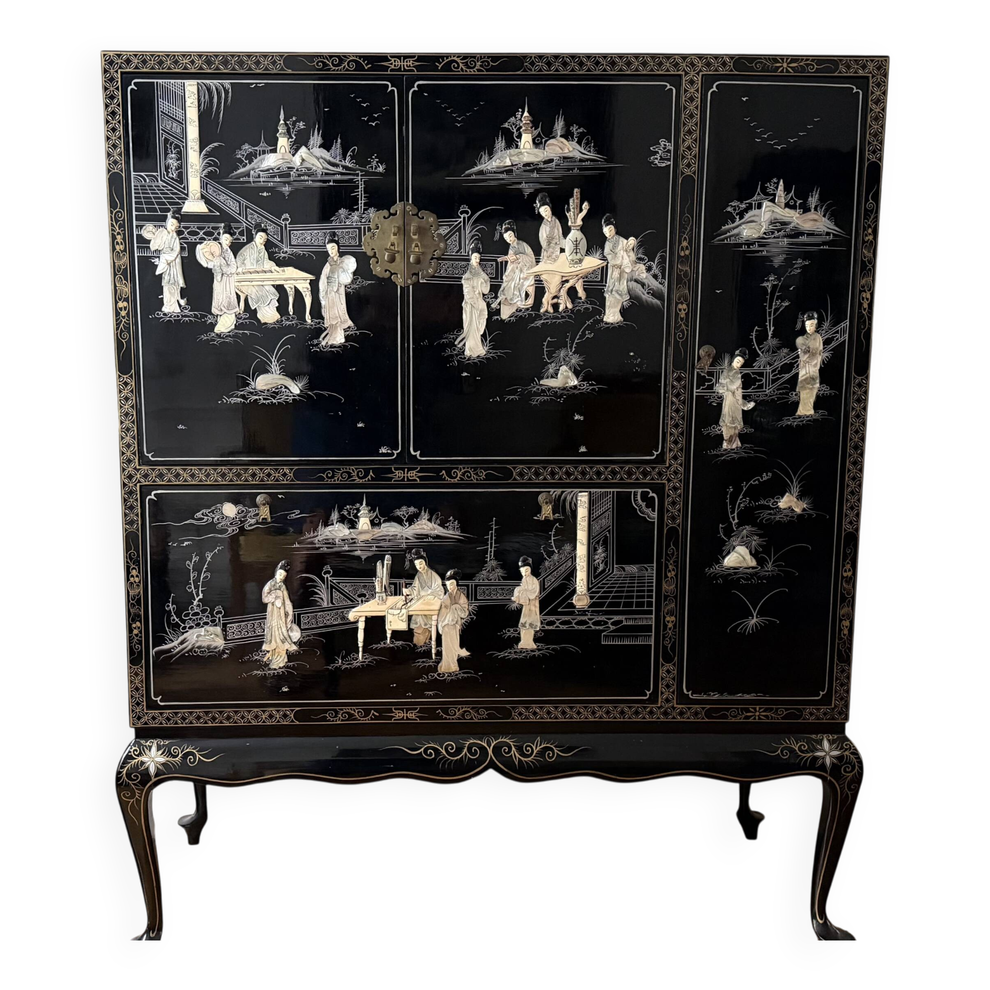 Cabinet meuble Télévision en laque noire et or