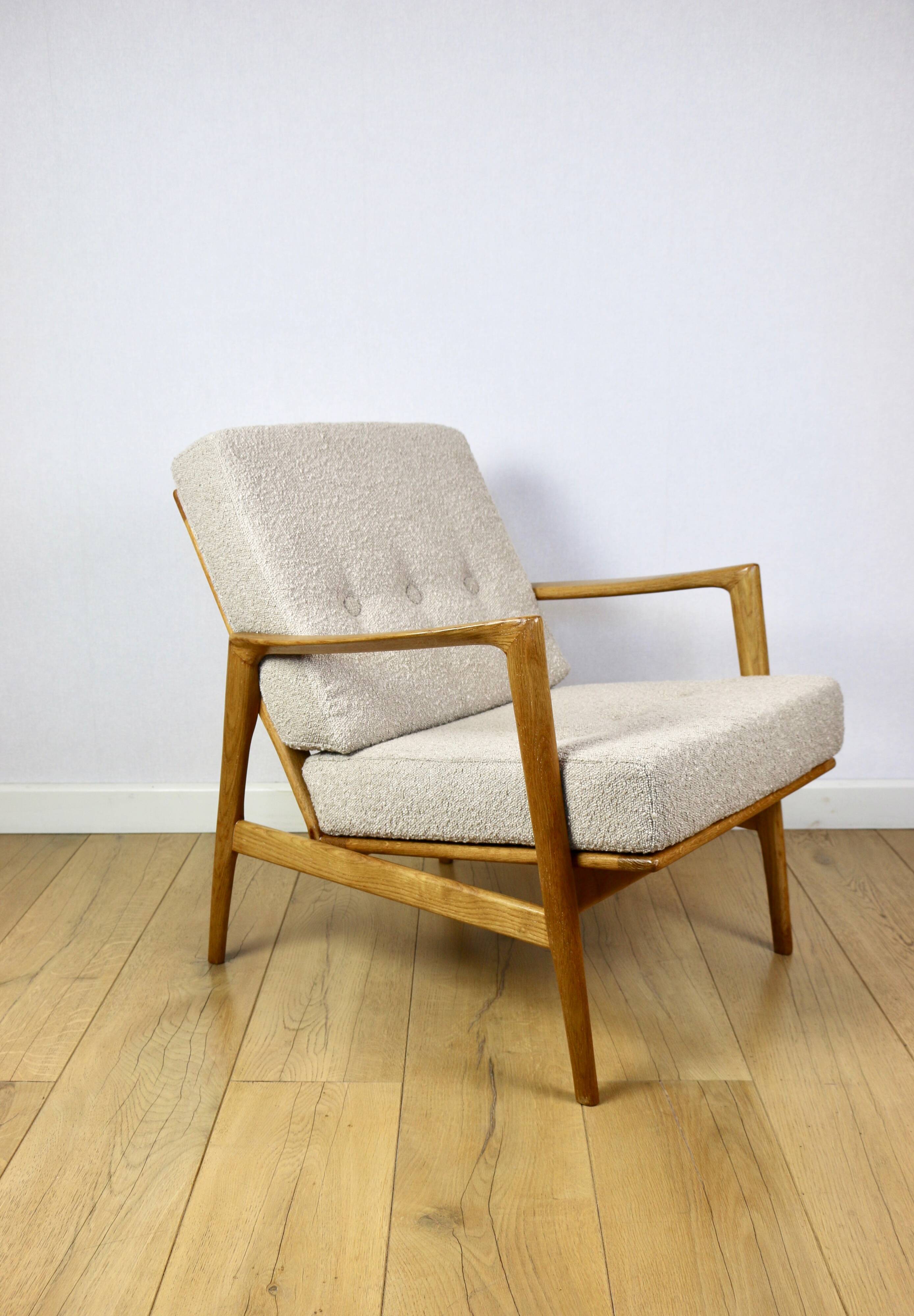 PRL armchair "Stefan" wooden oak vintage beige boucle